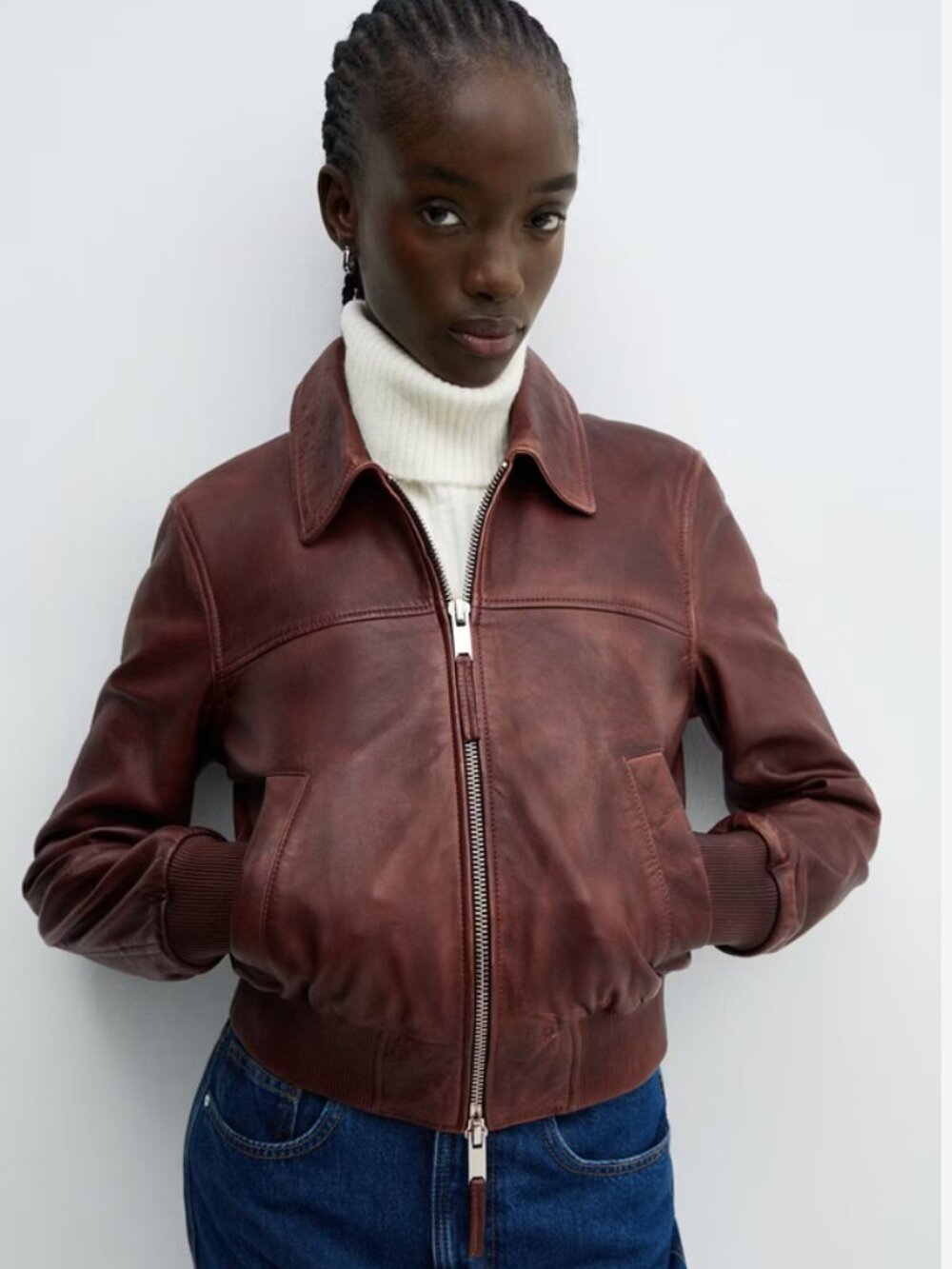 Mango brown leather bomber jacket size Small (true XS)